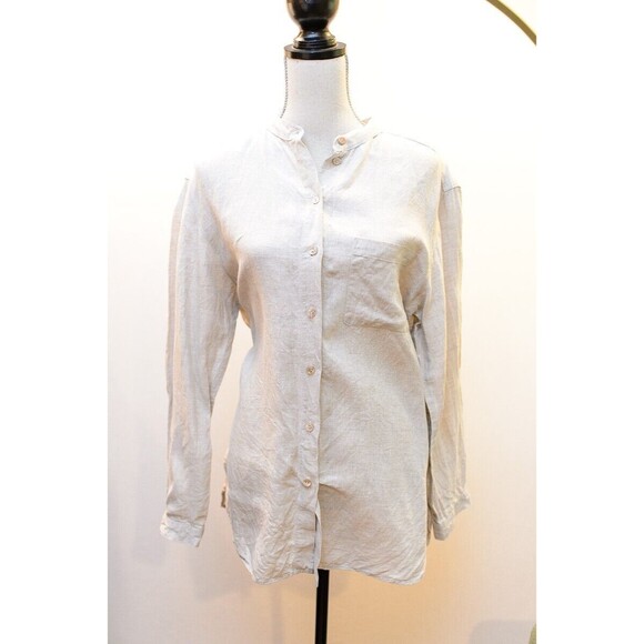 Talbots Natural Beige 100% Linen Tunic Standup Collar Button up Shirt Size 14 - Picture 1 of 9